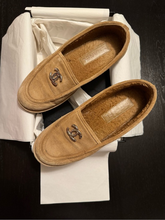 CHANEL Shoes - CHANEL Tan Suede Shearling-Lined Slip-On Loafers with CC Hardware